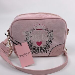 Juicy Couture Blush Pink Diamond Heritage Embroidered Crossbody Bag Gold zip NEW